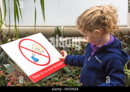 Giovane ragazza che guarda per favore non toccare il segno farfalle in Glasshouse, RHS Garden Wisley, Surrey, Inghilterra Regno Unito nel mese di gennaio Foto Stock