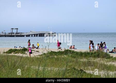 Inkwell spiaggia spiaggia scena con un traghetto dock in background di Martha's Vineyard isola in Oak Bluffs, Massachusetts Foto Stock