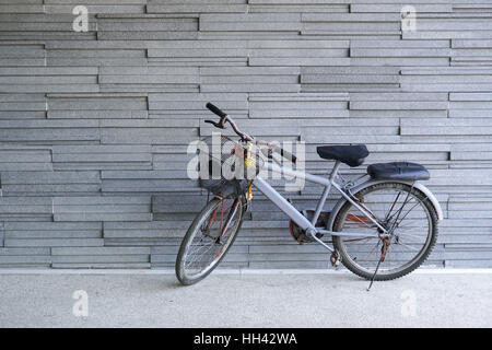 Bicicletta appoggiata contro il muro di pietra Foto Stock