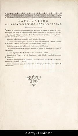 Spiegazione per il frontespizio da 'Encyclopédie ou Dictionnaire raisonné des Sciences des Arts et des métiers" (Enciclopedia, o un dizionario sistematico delle scienze, arti e mestieri) curato da Denis Diderot e Jean le Rond d'Alembert. Illustrazione di Charles-Nicolas Cochin e inciso da Benoît-Louis Prévost mostrando l'illuminazione o l'età della ragione. Foto Stock