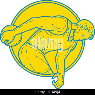 Mono stile linea illustrazione di un discus thrower atleta gettando visto dal lato impostato all'interno del cerchio su sfondo isolato. Illustrazione Vettoriale