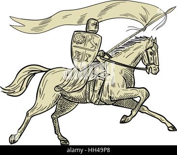 Schizzo di disegno illustrazione dello stile del cavaliere a cavallo in armatura completa azienda lancia, scudo e bandiera di equitazione visto dal lato sul bianco isolato Illustrazione Vettoriale