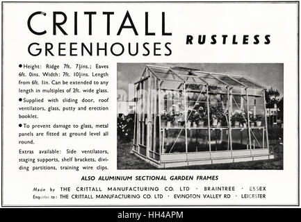 Anni Cinquanta pubblicità pubblicità dal vecchio originale vintage rivista inglese datato 1950 pubblicità per Crittall rustless Serre per giardini domestici Foto Stock
