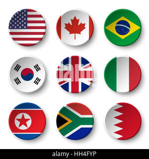 Set di bandiere del mondo badge rotondo ( Stati Uniti d'America . Canada . Il Brasile . Corea del Sud . Regno Unito di Gran Bretagna . Italia . La Corea del Nord . Il Sud Africa . Bahrain Foto Stock