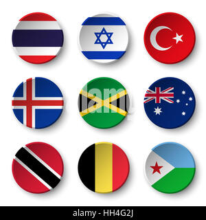 Set di bandiere del mondo badge rotondo ( Thailandia . Israele . La Turchia . Islanda . Giamaica , Australia , Trinidad e Tobago . Belgio . Gibuti ) Foto Stock
