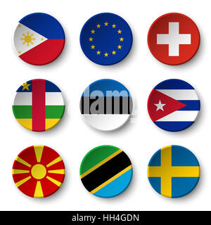 Set di bandiere del mondo badge rotondo ( Filippine . Unione europea (UE) . La Svizzera . Repubblica Centrafricana . Estonia . Cuba . Macedonia . Tanzania . Foto Stock
