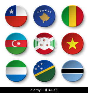 Set di bandiere del mondo badge rotondo ( Cile . Il Kosovo . Mali . Azerbaigian . Burundi . Il Vietnam . Sierra Leone . Isole Salomone . Il Botswana ) Foto Stock