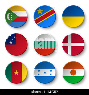 Set di bandiere del mondo badge rotondo ( Comore . Repubblica democratica del Congo . L'Ucraina . Samoa , Bulgaria . Danimarca . In Camerun . Honduras . Niger ) Foto Stock
