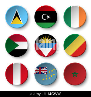 Set di bandiere del mondo badge rotondo ( Saint Lucia . Libia . Irlanda . Sudan . Antigua e Barbuda . Repubblica democratica del Congo . Il Perù . Tuvalu . Il Marocco ) Foto Stock