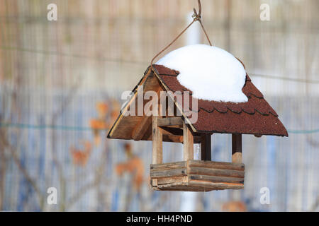 Legno artigianale birdhouse, bird feeder installato sul giardino d'inverno Foto Stock