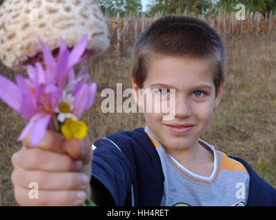 Boy offering wild flowers and mushrooms, Carpathian Mountains, Romania Foto Stock