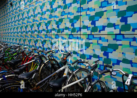 Spingere la bici al mercato olandese città Groningen Paesi Bassi Foto Stock