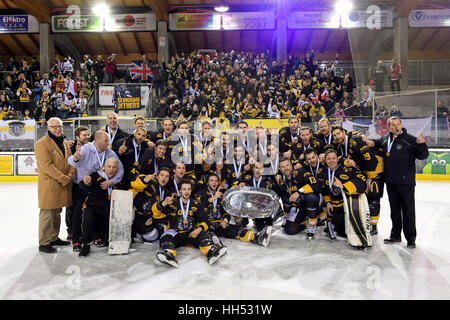 IIHF Continental Cup vincitori, il GMB Nottingham Panthers team foto dal Renon, Italia Foto Stock