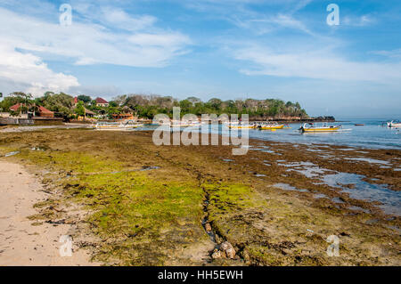 Tradizionale e diving imbarcazioni, Mushroom Beach, Lembongan, Bali, Indonesia Foto Stock