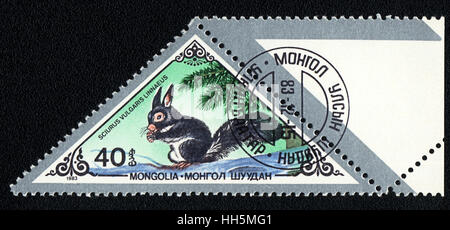 Un francobollo stampato in Mongolia mostra una Sciurus vulgaris linnaeus, serie, circa 1983 Foto Stock