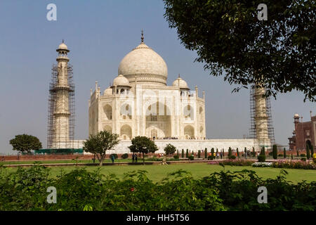 Vista del Taj Mahal che mostra i minareti in riparazione con i ponteggi intorno Foto Stock