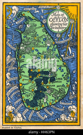 Mappa di Ceylon che mostra le piantagioni dell'industria del tè Foto Stock