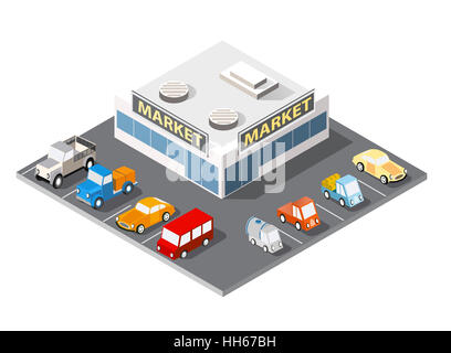 Grande supermercato shopping 3d centro commerciale con negozi e uffici con parcheggio di una grande città auto Foto Stock