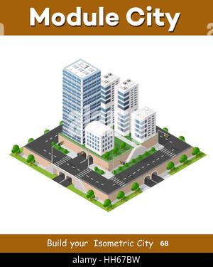 Appartamento 3D isometrica urbana della città concetto infografico. Township mappa centrale con palazzi, negozi e strade sul piano. Foto Stock
