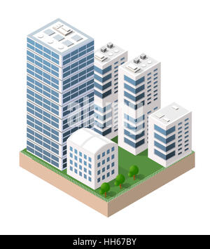 Appartamento 3D isometrica urbana della città concetto infografico. Township mappa centrale con palazzi, negozi e strade sul piano. Foto Stock