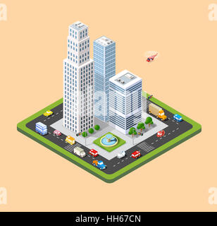 Appartamento 3D isometrica urbana della città concetto infografico. Township mappa centrale con palazzi, negozi e strade sul piano. Foto Stock