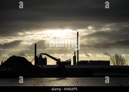 Porto industriale area con gru ed edifici in sunset Foto Stock
