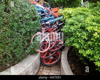 Shenzhen, Shenzhen, Cina. 16 gennaio, 2017. Shenzhen, Cina-gennaio 16 2017: (solo uso editoriale. Cina OUT) .centinaia di sabotare le biciclette condivise che giace accanto a un parco nel Sud della Cina di Shenzhen, Gennaio 16th, 2017. Bici condivisa da diversi servizio di noleggio bici società tra cui Mobi, Xiaoming e OFO si trovano ora ad affrontare il problema di sabotaggio in Cina. Molte le bici condivise sono state abbandonate in strada e avevano bisogno di essere riparato come bike-sharing ora guadagna in popolarità. Credito: SIPA Asia/ZUMA filo/Alamy Live News Foto Stock