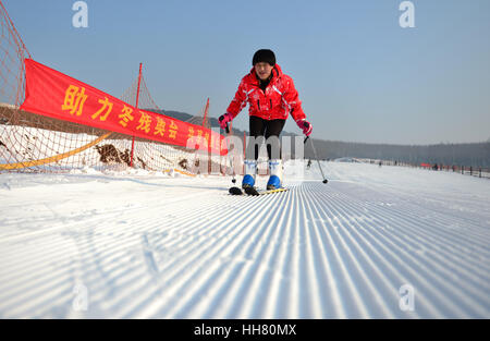 Xingtai cinese nella provincia di Hebei. Xvii gen, 2017. Una persona disabile practice sciare in Xingtai, nel nord della Cina di nella provincia di Hebei, Gennaio 17, 2017. Trentasei persone disabili intorno a 18 a 23 imparato a sciare sotto la guida di allenatori professionisti e goduto di sport di inverno. Credito: Chen Lei/Xinhua/Alamy Live News Foto Stock