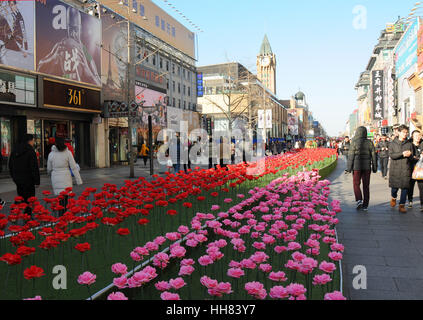 Beijin, Beijin, Cina. Xiii gen, 2017. Pechino, Cina-gennaio 13 2017: (solo uso editoriale. Cina OUT) .come il Festival di primavera si avvicina, la Wangfujing Street è decorata con lanterne rosse e fiori colorati a Pechino, Gennaio 13th, 2017. Credito: SIPA Asia/ZUMA filo/Alamy Live News Foto Stock