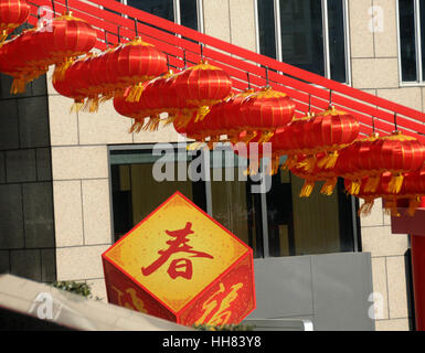 Beijin, Beijin, Cina. Xiii gen, 2017. Pechino, Cina-gennaio 13 2017: (solo uso editoriale. Cina OUT) .come il Festival di primavera si avvicina, la Wangfujing Street è decorata con lanterne rosse e fiori colorati a Pechino, Gennaio 13th, 2017. Credito: SIPA Asia/ZUMA filo/Alamy Live News Foto Stock