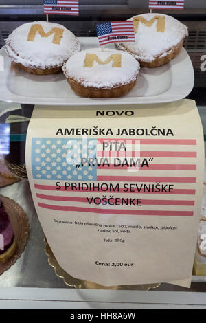 Presso la caffetteria in Kruhek Sevnica, Slovenia, una fetta di torta di mele fatta con le mele locali dedicati alla prima signora Melania Trump, è visto prima della inaugurazione del Presidente degli Stati Uniti, Donald Trump Foto Stock