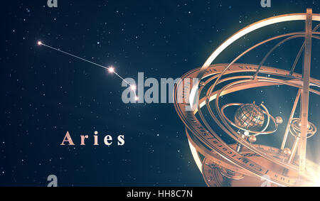 La costellazione dello zodiaco Aries e sfera armillare su sfondo blu Foto Stock