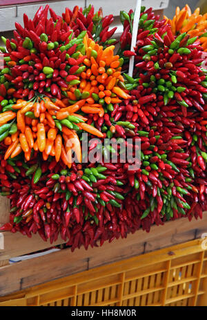 Rosso e arancio peperoncino. Il peperoncino su un mercato pubblico. Foto Stock