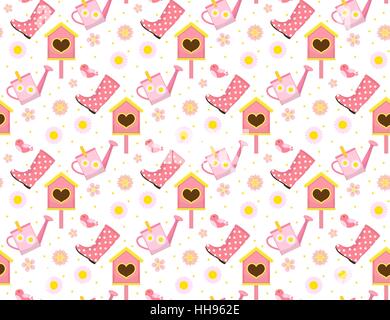 La molla seamless pattern con uccelli e starling house. Birdhouse sfondo infinito. Texture di giardinaggio, carta da parati. Carino kids sullo sfondo. Illustrazione Vettoriale. Illustrazione Vettoriale