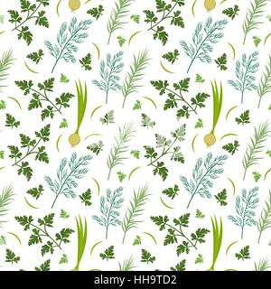 Erbe seamless pattern. Prezzemolo, aneto, razmarin infinite background e texture. Sfondo vegetale. Illustrazione Vettoriale. Illustrazione Vettoriale