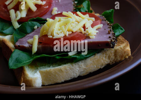 Toast con arrosti di carne, pomodori, sorrel e mozzarella servita sulla piastra di argilla Foto Stock