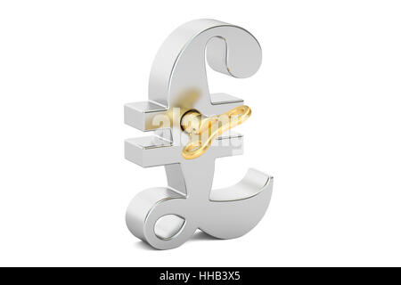 Argento sterlina simbolo con wind-up chiave, rendering 3D Foto Stock