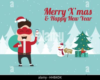 Illustrazione della maschera di cloud uomo tenendo il telefono cellulare con la promozione di Natale sfondo degli elementi Illustrazione Vettoriale