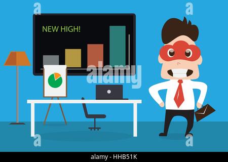 Illustrazione di business man in piedi vicino a tavola di lavorazione. Imprenditore o avviare il concetto di business office dello spazio di lavoro. Illustrazione Vettoriale