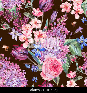 Molla ad acquerello seamless sfondo con fiori di colore rosa Foto Stock