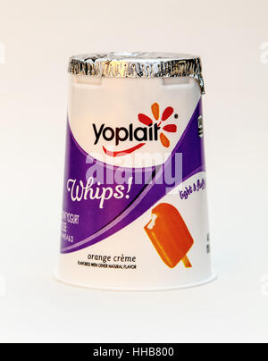 Una crema di colore arancione aromatizzati Yoplait mantecato yogurt è visto contro uno sfondo bianco. Foto Stock