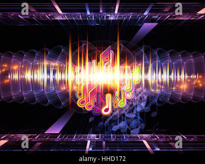 Composizione di note musicali, prospettiva griglie frattale, luci, onda sinusoidale e pattern come un concetto metafora sul tema della musica, apparecchiature audio e di elaborazione audio, prestazioni e intrattenimento Foto Stock
