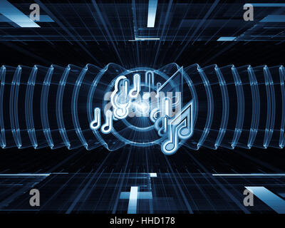 Composizione di note musicali, prospettiva griglie frattale, luci, onda sinusoidale e modelli adatti come sfondo per i progetti sulla musica, elaborazione del suono, audio prestazioni e intrattenimento Foto Stock