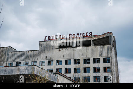 Hotel Polissya presso la città di Chernobyl, in Ucraina. Città Abadoned. Foto Stock