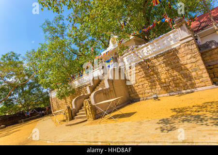 Verso sud composto gradini che portano al sacro Jaya Sri Maha Bodhi fig tree dei lumi contro un cielo blu di Anuradhapura Foto Stock