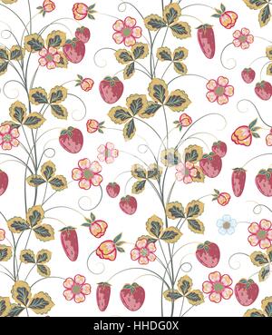 Luminoso modello senza soluzione di continuità con una fragola, foglie e fiori (vector) Illustrazione Vettoriale