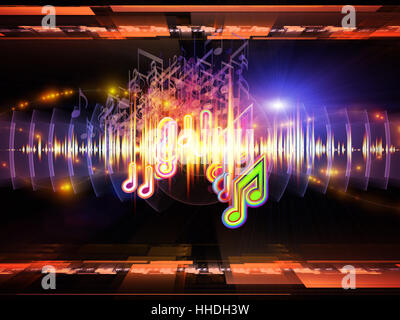 La disposizione delle note musicali, prospettiva griglie frattale, luci, onda sinusoidale e modelli sul tema della musica, apparecchiature audio e di elaborazione audio, prestazioni e intrattenimento Foto Stock