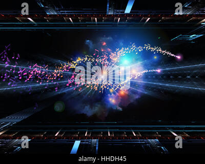 Composizione astratta di griglie di frattali, luci e note musicali adatto come elemento di design in progetti legati alla musica e audio Foto Stock