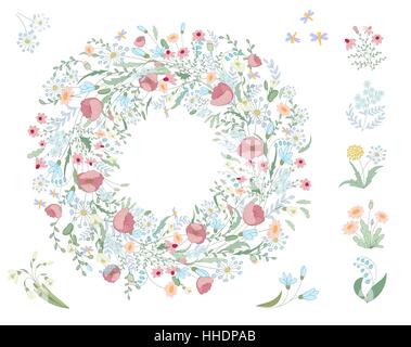 Dettagliata ghirlanda di contorno con erbe aromatiche, foglie e selvaggio fiori di primavera isolato su bianco. Cornice rotonda per il tuo design, biglietti di auguri, annunci di matrimoni, poster. Illustrazione Vettoriale