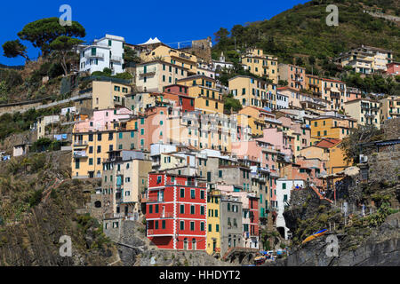 Case medievali in ripido burrone, Riomaggiore Cinque Terre, UNESCO, Riviera Ligure, Liguria, Italia Foto Stock